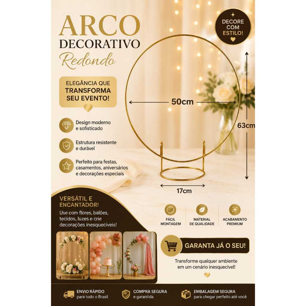 Arco De Mesa Pé Redondo Dourado Festa Mesversario Bexiga Mini 50cm Dourado