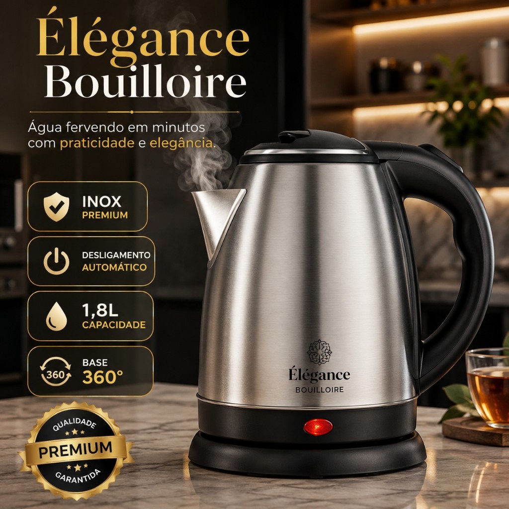 Chaleira Elétrica Inox 1,8L 1000W Desligamento Automático Base 360° Aquecimento Rápido Café Chá Cozinha