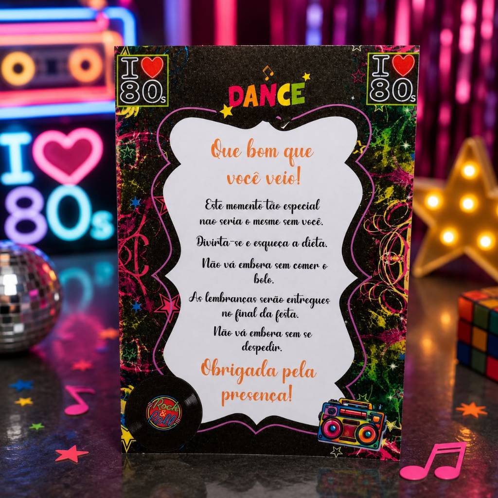 Plaquinha Centro de Mesa Anos 80 Decoração Personalizado para Aniversário.