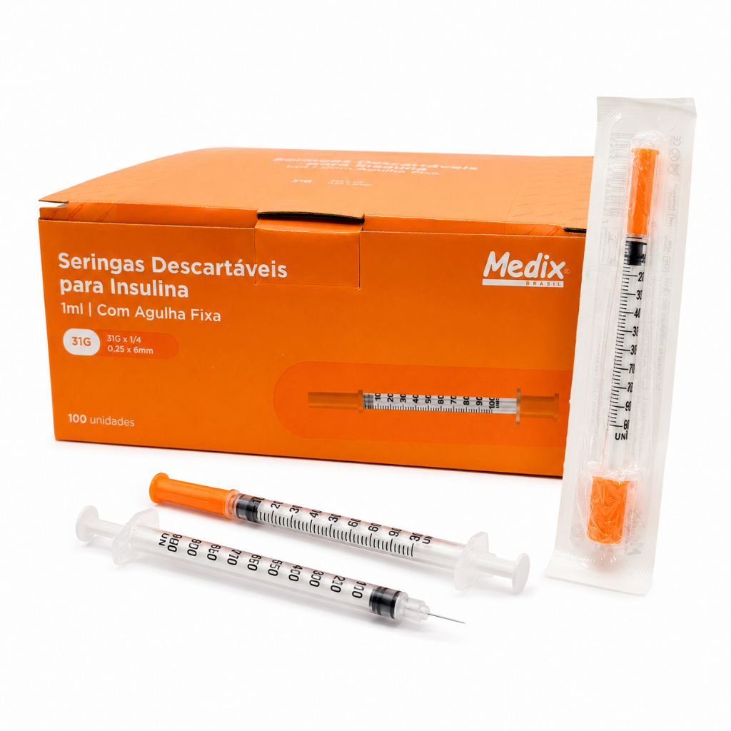 Seringa de Insulina 1ml C/ Agulha Fixa 6x0,25 - Cx c/ 100 un