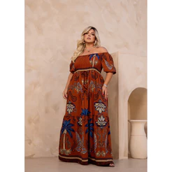 Vestido Longo inspirado em estampa tropicais ,Moda Plus size