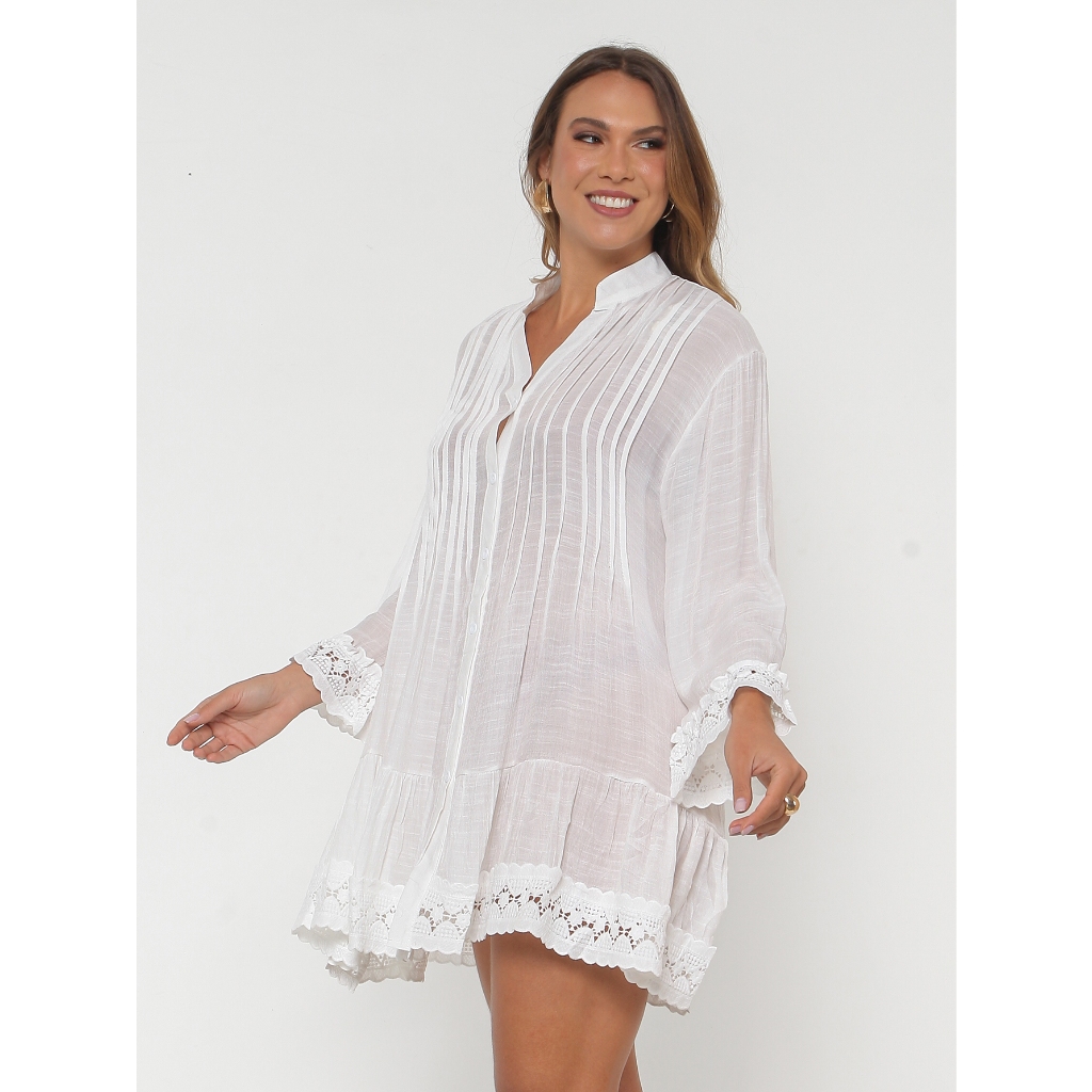 BATA Saída de Praia Feminina com Mangas Longas e Recortes de Renda 8048