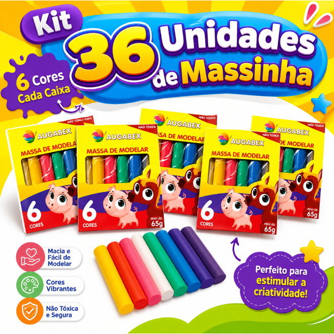 Kit 36 Unidades de Massinha de Modelar 6 Caixinhas 65g cada Lembrancinha Criança Aniversário