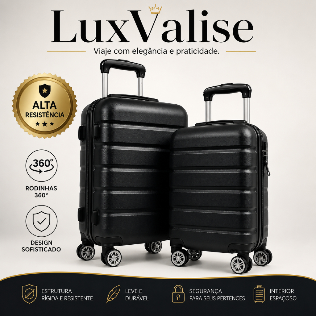 Kit Mala de Viagem Pequena e Média ABS Rodinhas 360° Rígida Resistente Bagagem Bordo LuxValise Preta