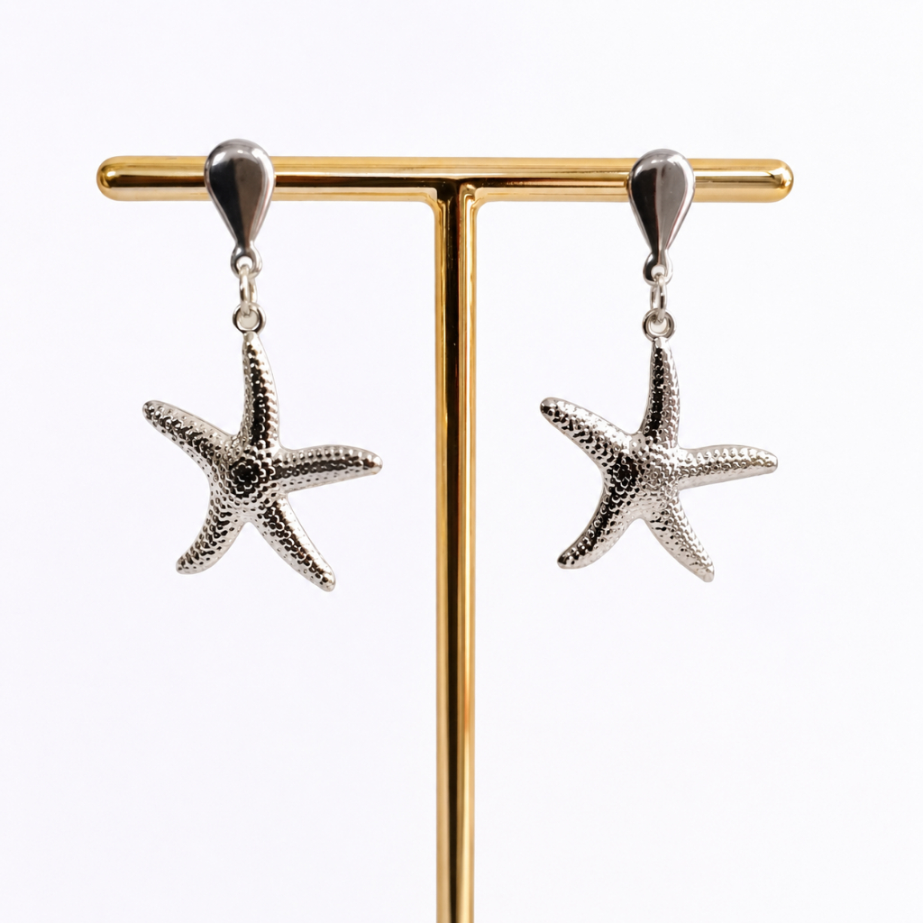 Brinco Feminino Estrela do Mar Aço Inox 316L Antialérgico Prata Praia Delicado.
