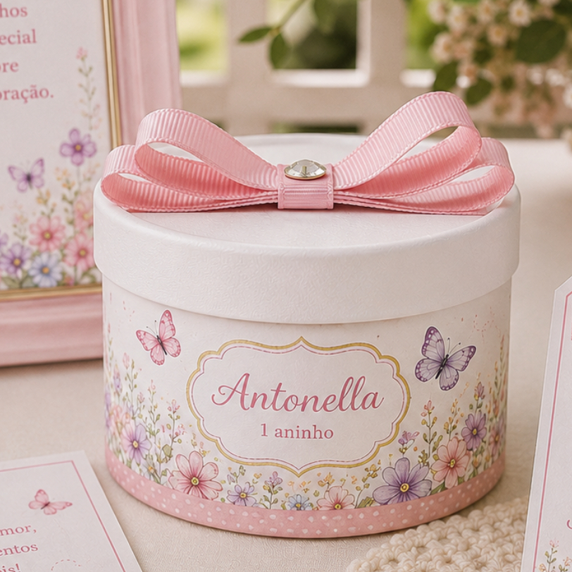 Lembrancinha Jardim Encantado Borboletas Personalizada | Caixinha Redonda Luxo | Pronta para Uso | Envio Rápido