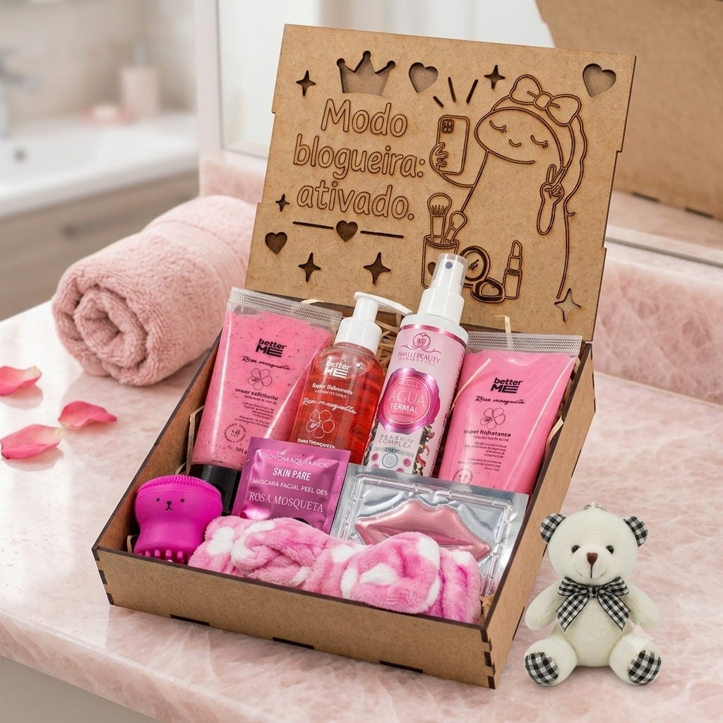 Kit Skincare Limpeza E Hidratação Rosa Mosqueta Completo Presente Especial Na Caixa Mdf Flork