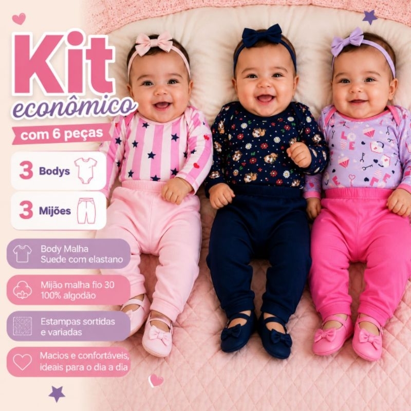 kit Econômico 3 Conjuntos Bebê Body Suede com Elastano e Mijão 100% Algodão Menina Menino P M G Estampas Sortidas