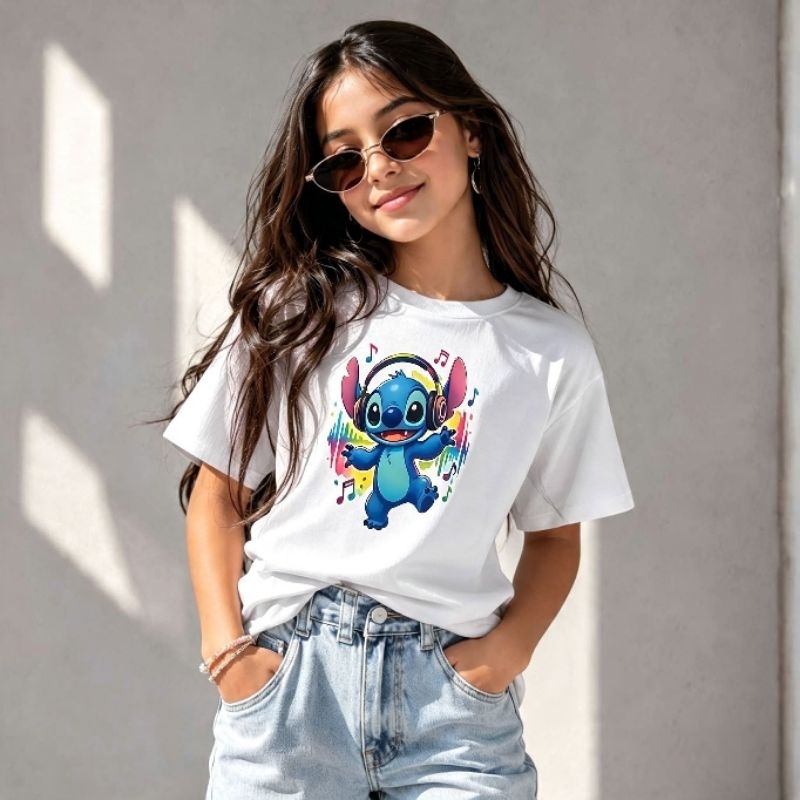 camiseta Dry fit estampada infantil juvenil feminina stitch leve e confortável tamanhos 4 6 8 10 12 e 14