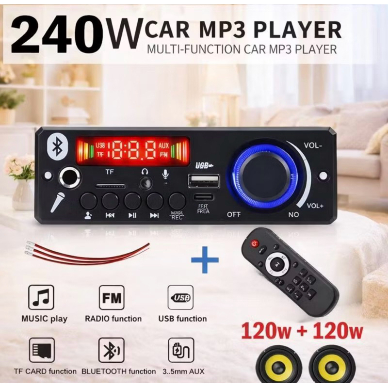 Placa Amplificada MP3 Bluetooth 5.0 240W - Pronta p/ Instalar com Controle e Microfone - FM/USB/TF