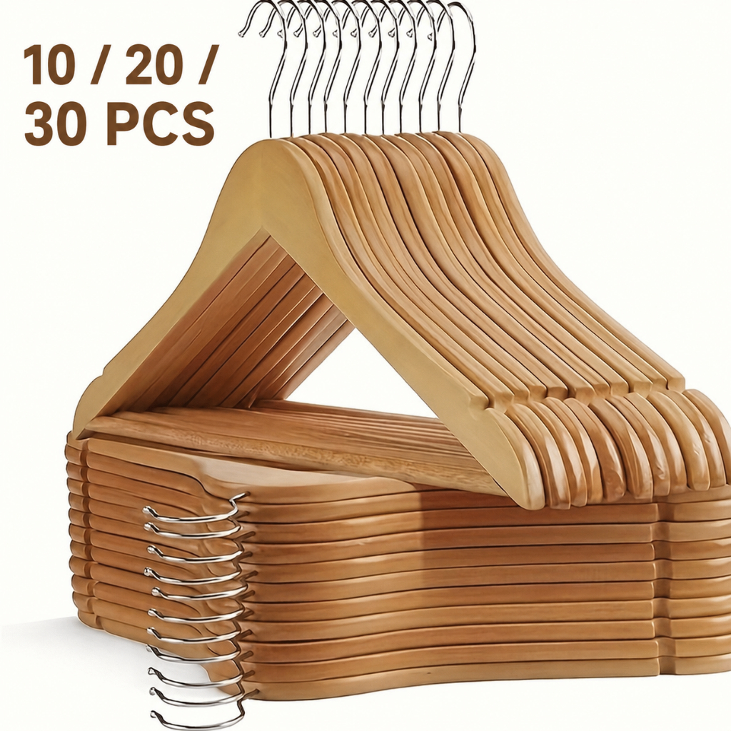 Kit 10/20/30 Cabides De Madeira Premium Marfim Para Roupas Calça Gancho Cromado