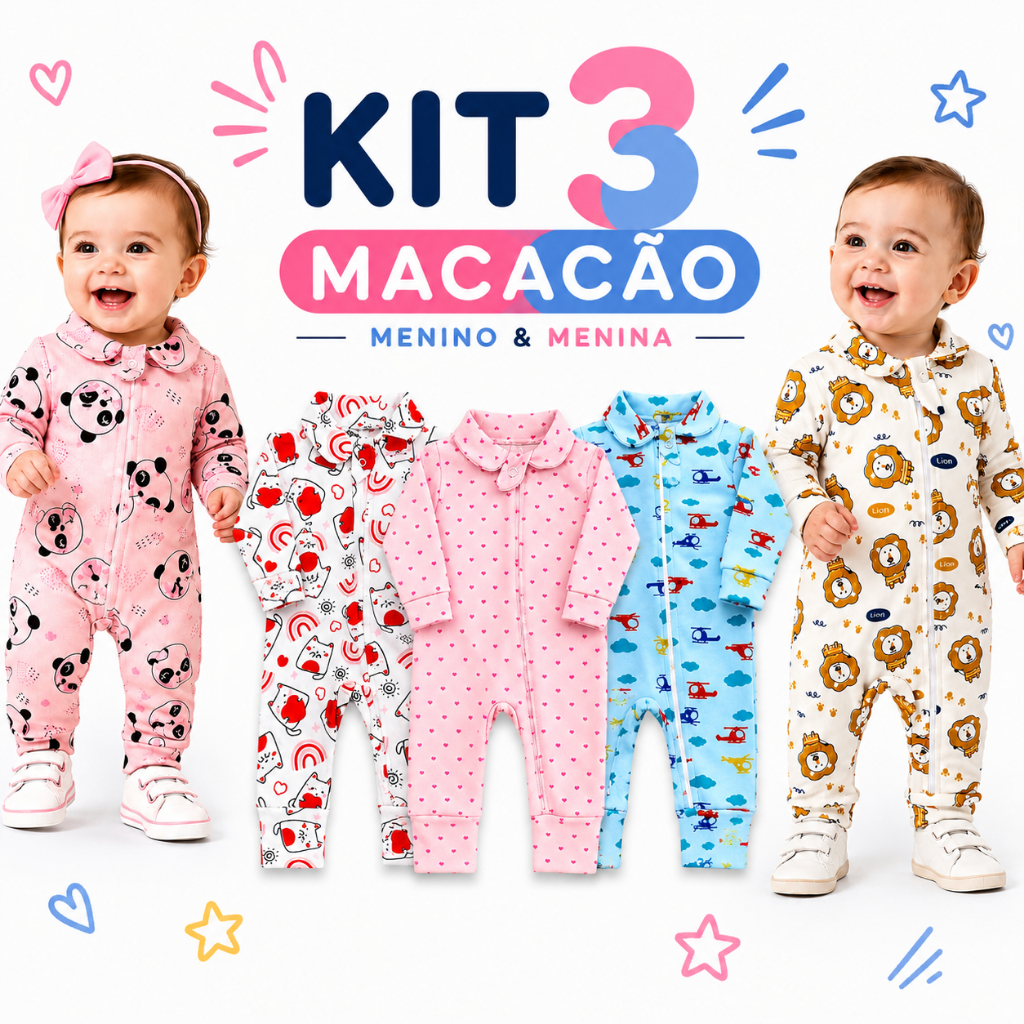 Kit 3 Macacão Longo Para Bebê Estampado C/Zíper 100% Algodão Menino Menina RN P M G