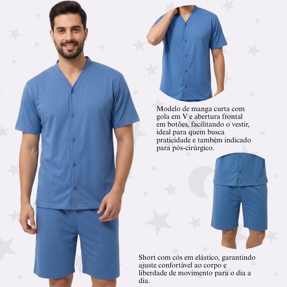 Pijama Masculino Aberto de Botão Curto Estilo Americano Malha Premium Cirúrgico Idoso Confortável