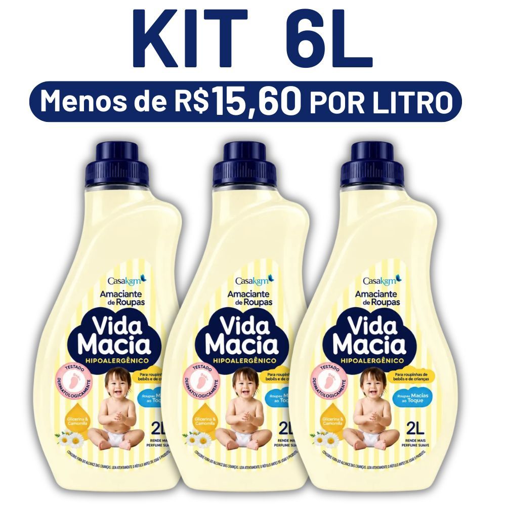 Kit com 3 unidades do Amaciante Vida Macia Glicerina e Camomila Casa KM
