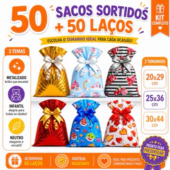 Saco de presente sortido kit 50 unidades com 50 laços estampas variadas 20x29 25x36 30x44 lembrancinha colorido