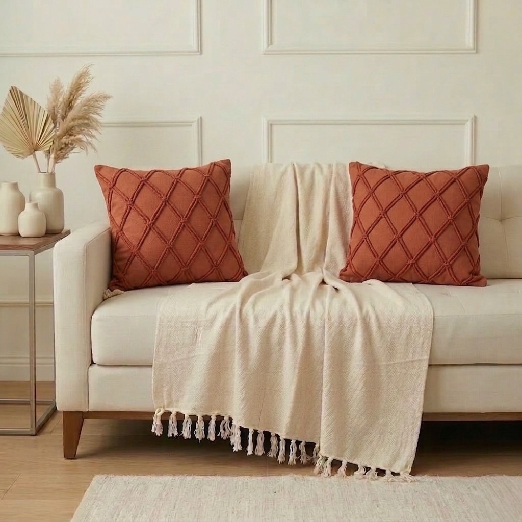 Kit Manta para Sofá + 2 Almofadas Macramê Boho Chic