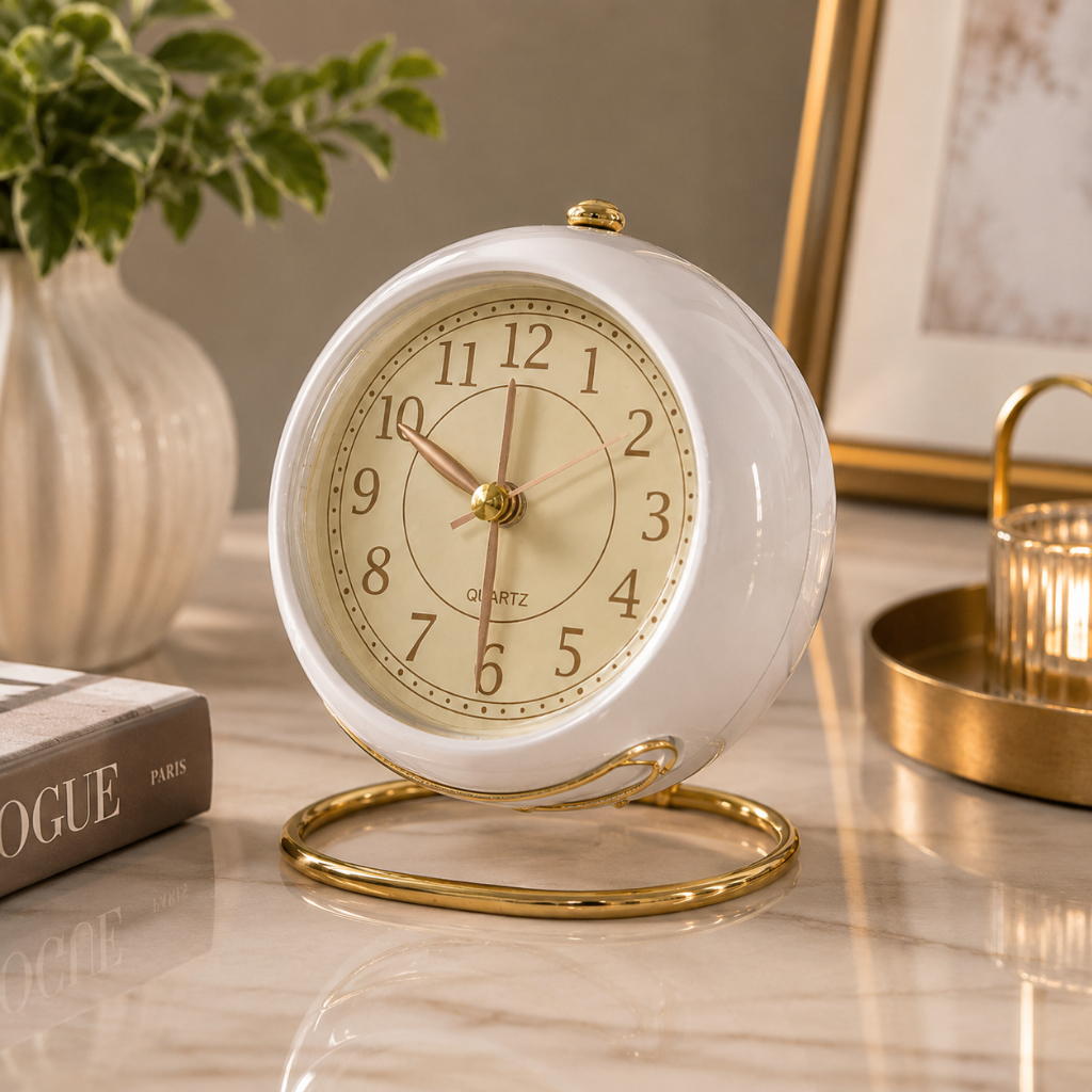 Relógio Despertador de Mesa Analógico Decorativo Premium Luxo Sala Quarto Escritório Silencioso