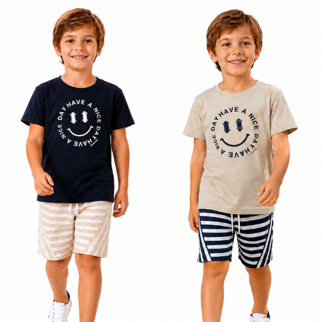 Conjunto Infantil 4 ao 8 Masculino Camiseta Estampada Shorts Listrado Menino Verão Moderno