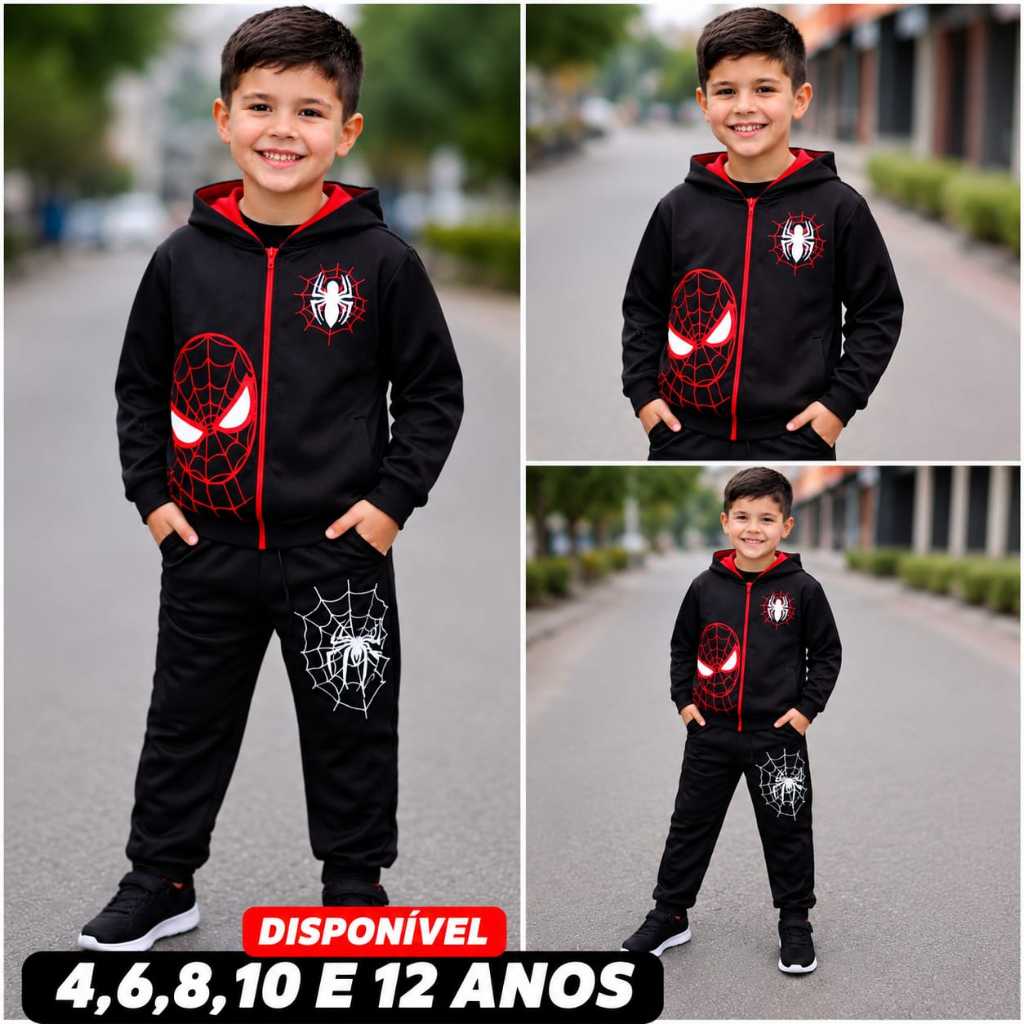 Conjunto Infantil Chimpa Flanelado com Capuz Homem-Aranha – Roupa Masculina de Inverno Confortável do 4 ao 12 Anos