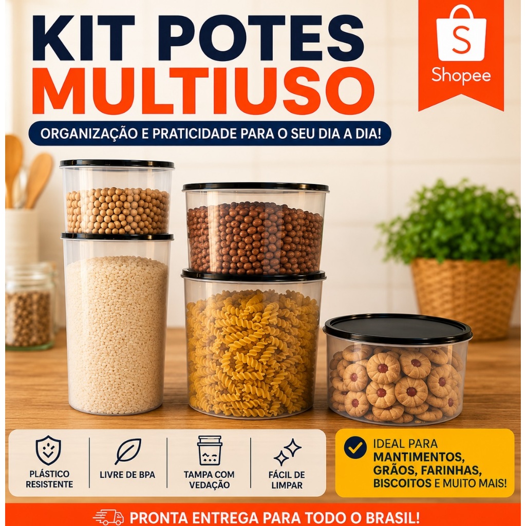 Kit 5 Potes Porta Mantimentos Plástico Transparente Redondo Organizador jogo Armazenamento de Alimentos