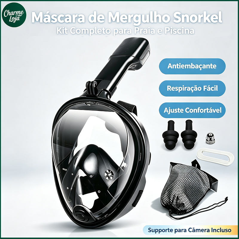 Máscara de Mergulho Snorkel Full Face Anti-Embaçante Anti-Vazamento Compatível com GoPro Kit Completo