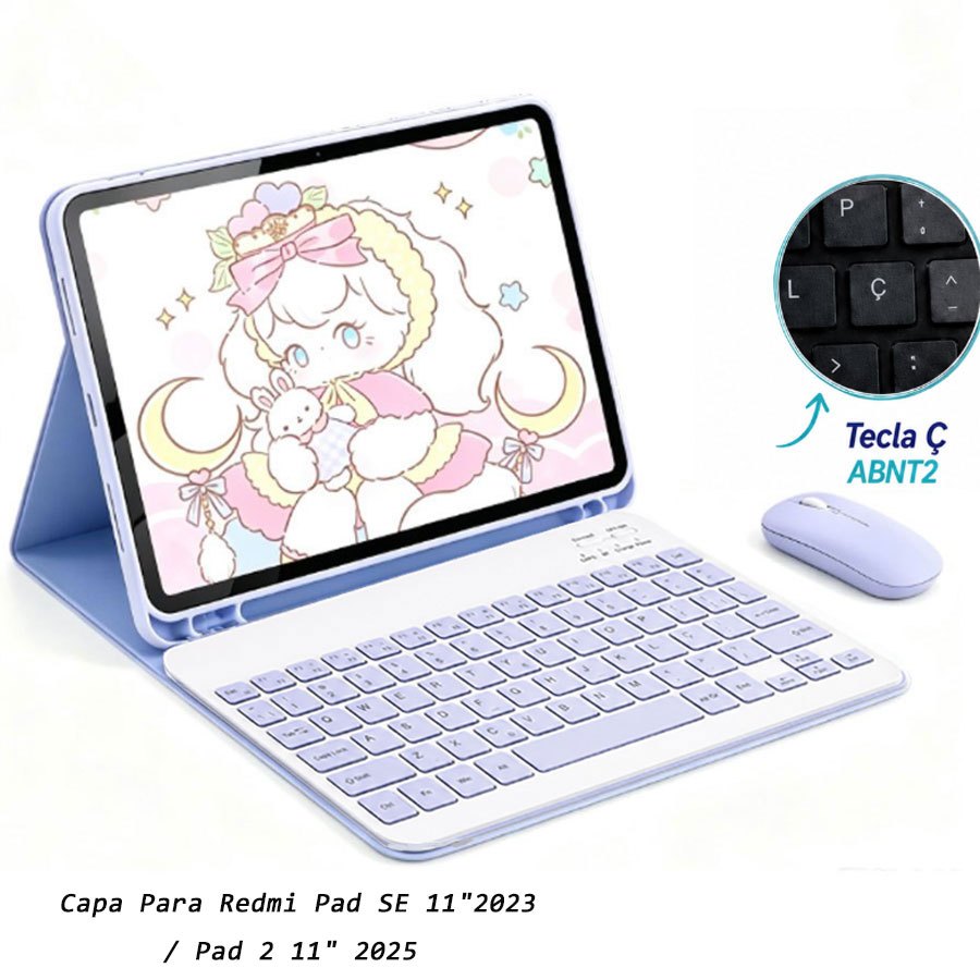 Capa Para Xiaomi Pad SE 11" 2023 Redmi 2 11" 2025 Com Teclado Magnético Abnt2 Bluetooth "Ç") e Mouse Sem Fio