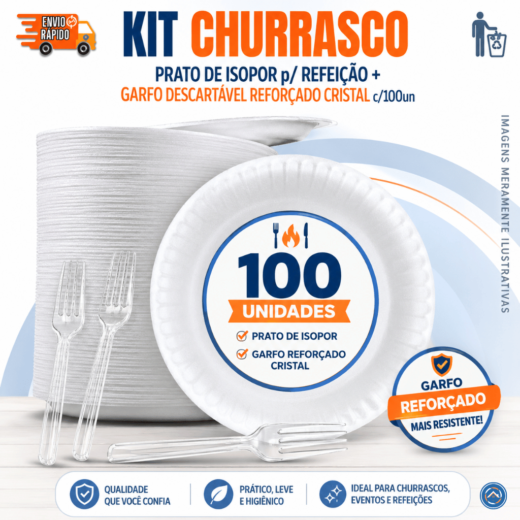 Kit Churrasco Prato de Isopor p/ Refeição + Garfo Descartável Reforçado Cristal c/100un