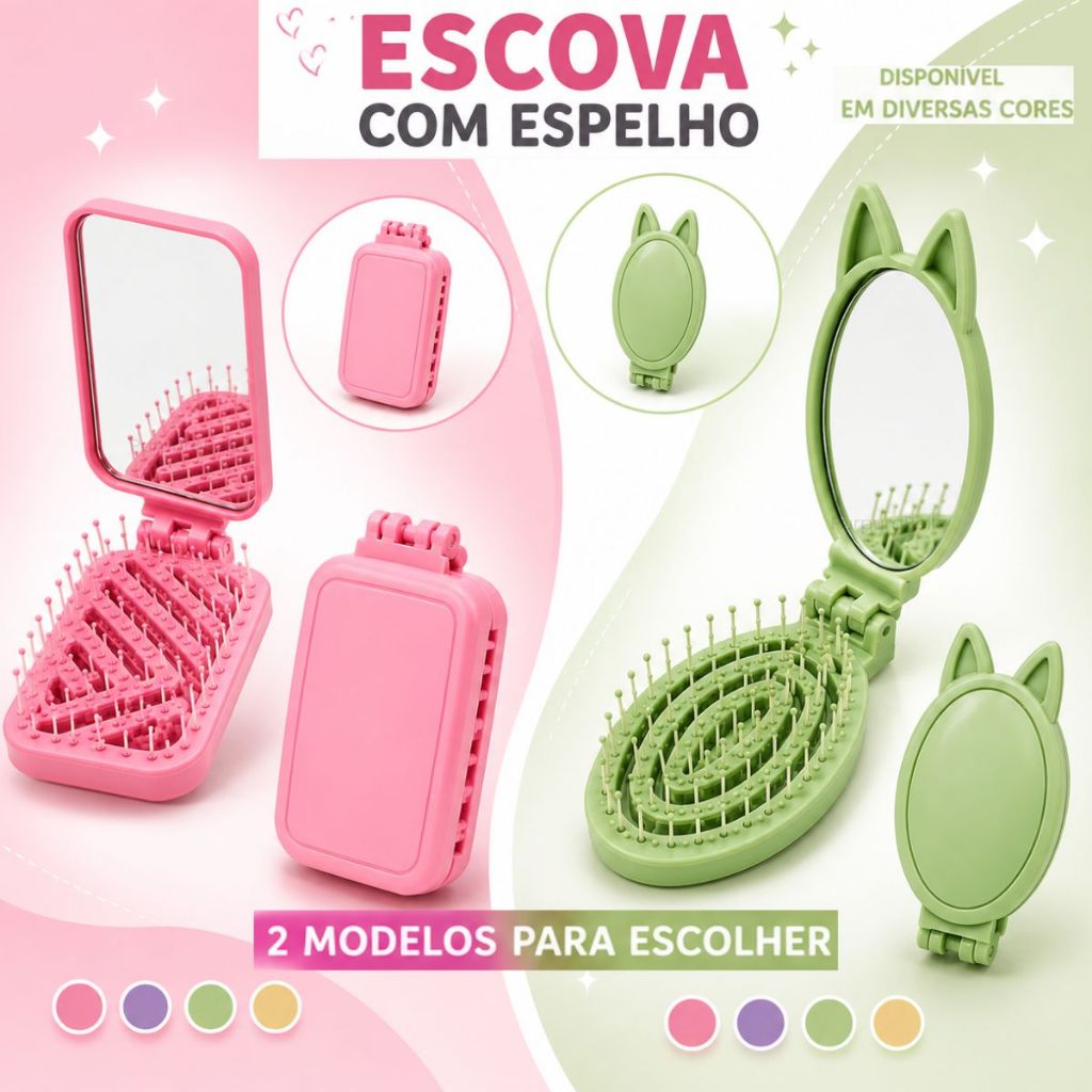 Escova de Cabelo Dobrável com Espelho Bolsa Compacta Portátil | Retangular ou Orelhinhas | Escolha