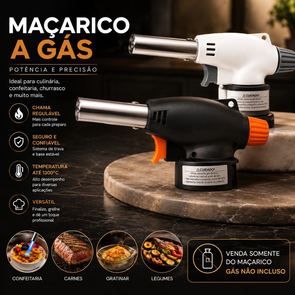 Maçarico a Gás Profissional Multiuso com Regulagem e Trava Portátil Fácil de Usar Cozinhar Culinário