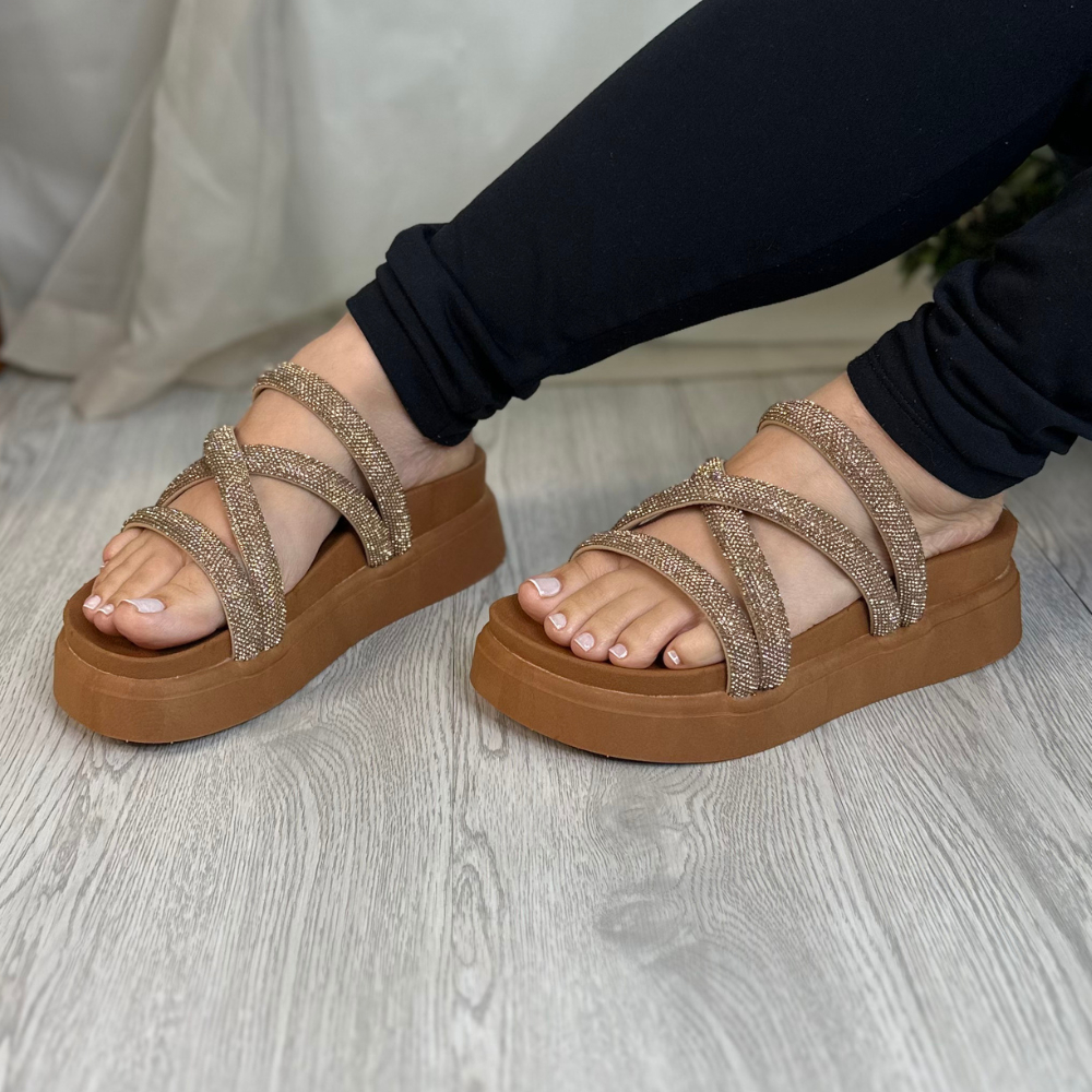 Papete Plataforma Sandalia Feminina Flatform Casual Luxo Strass Birken Brilhante Tendência