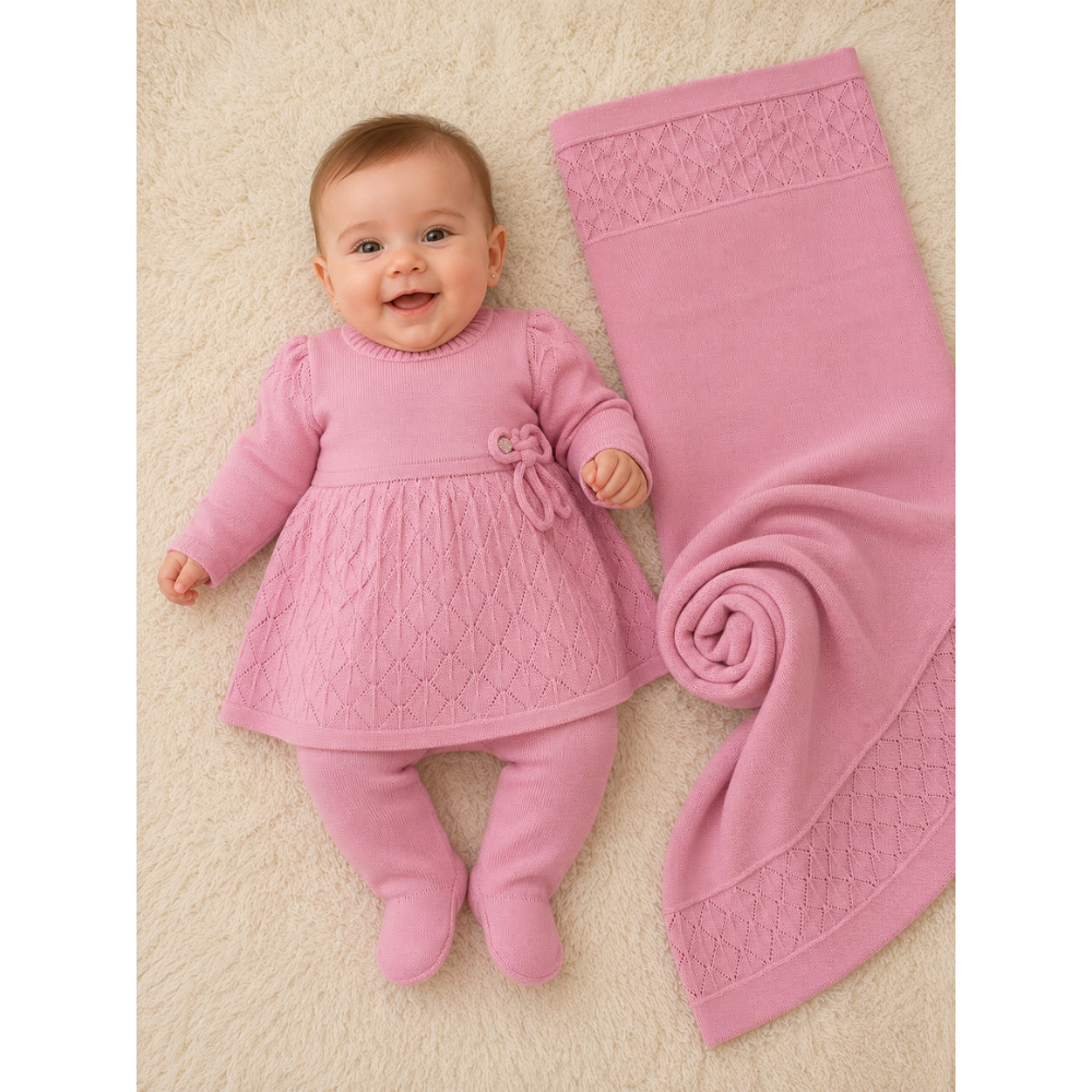 Saída Maternidade Menina Tricô Quentinho Confortável | Vestido + Calça + Manta | 3 Peças
