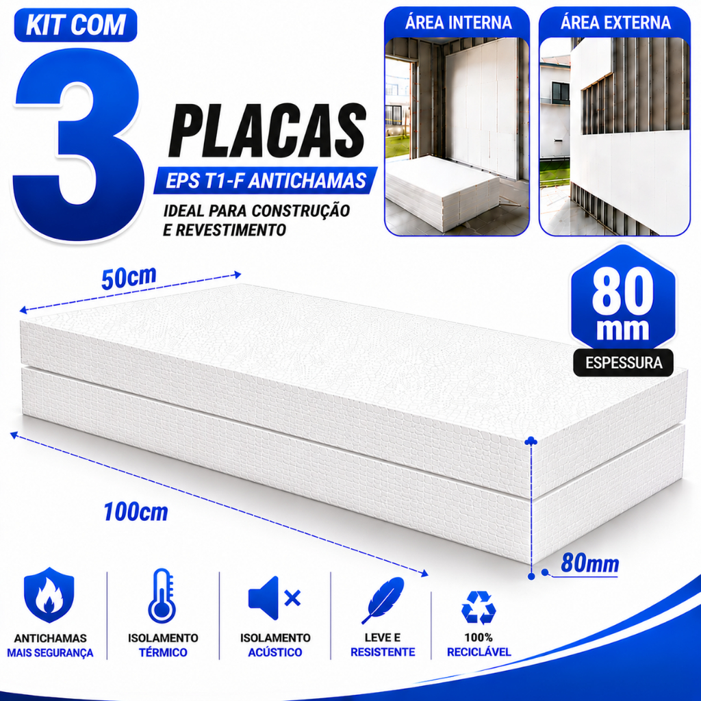Kit 3 Placas Isopor EPS T1-F 80mm 100x50 Antichamas Construção Decoração