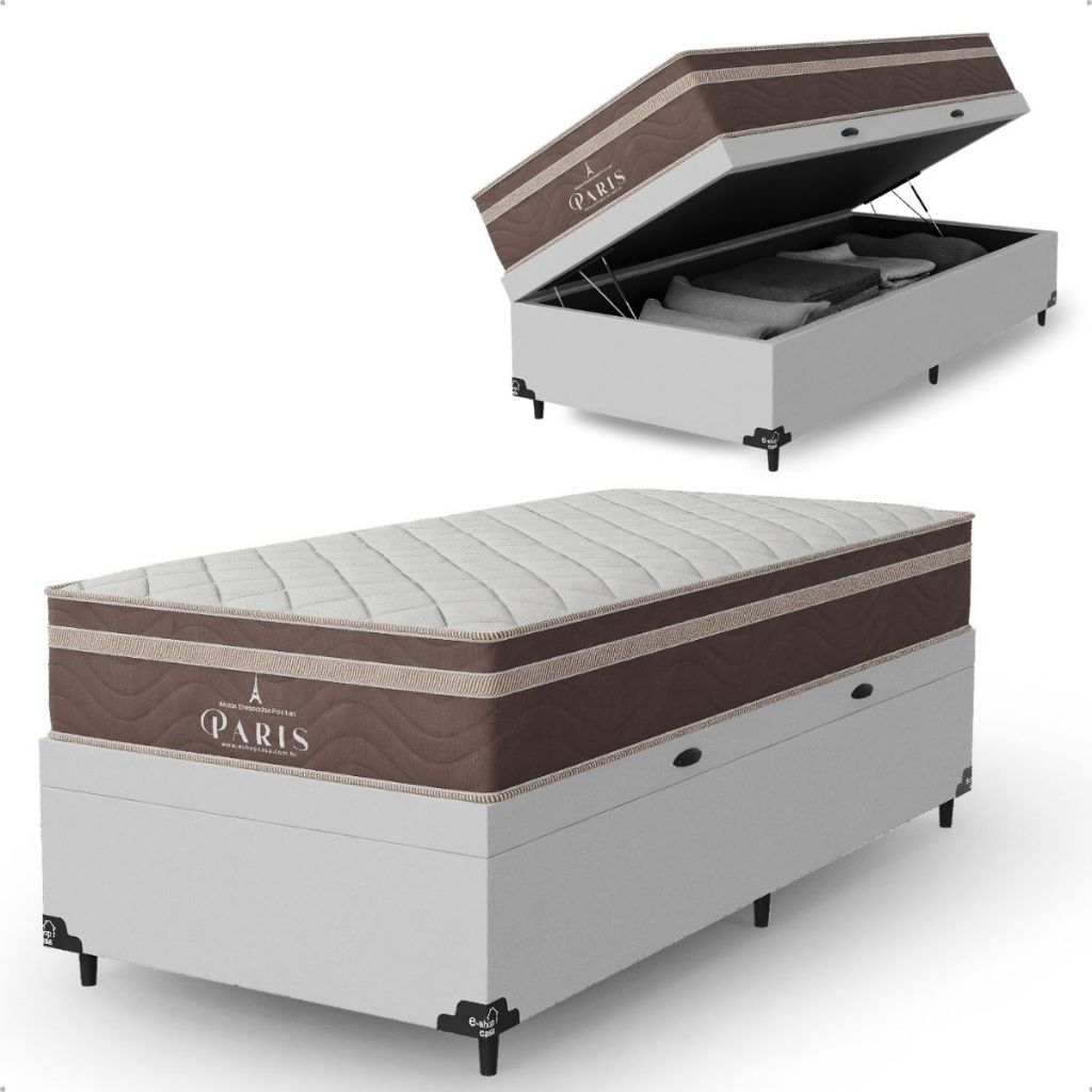 Cama Box Baú Solteiro Couro Branco + Colchão Paris Molas Ensacadas Marrom - e-Shop Casa