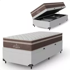Cama Box Baú Solteiro Couro Branco + Colchão Paris Molas Ensacadas Marrom - e-Shop Casa