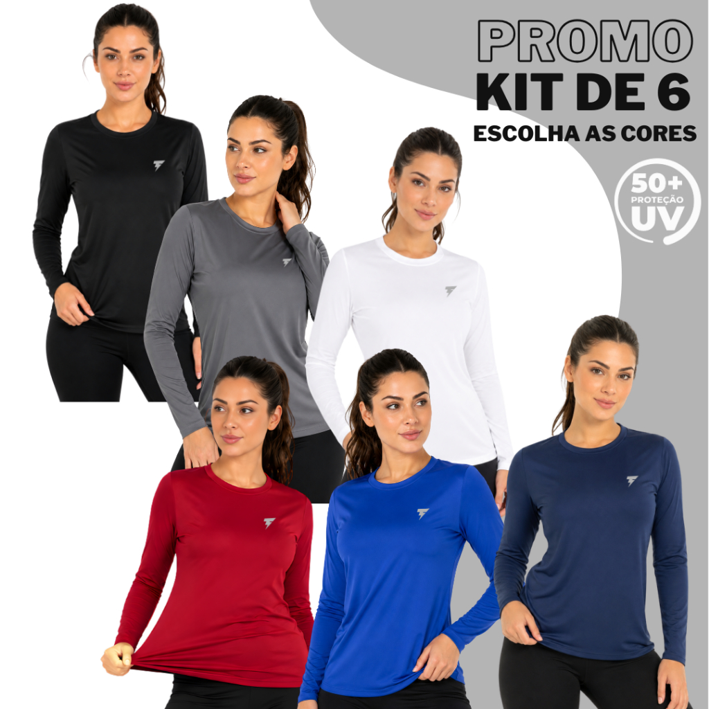 Kit 6 Camiseta Térmica Proteção Solar UV 50+ Segunda Pele Feminina Academia Corrida Praia Ciclismo