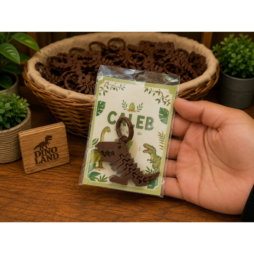 Lembrancinha de Aniversário – Chaveiro Dinossauro Articulado em Impressão 3D + Cartão Personalizado