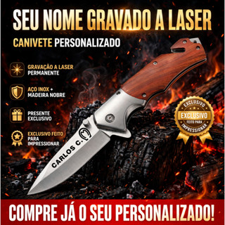 Canivete de Bolso Portáti cabo de madeira resistente com nome personalizado a laser, Presente premium, brinde pers