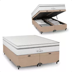 Cama Box Baú Casal Bipartido Bege + Colchão Paris Molas Ensacadas Branco - e-Shop Casa