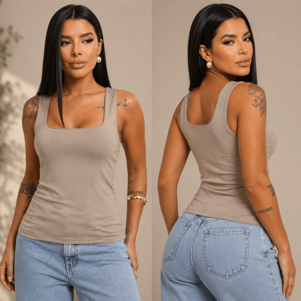 Regata Feminina Blusinha Decote Suplex Forrada Básica Lisa Elegante Blogueira Tendência Dia a Dia