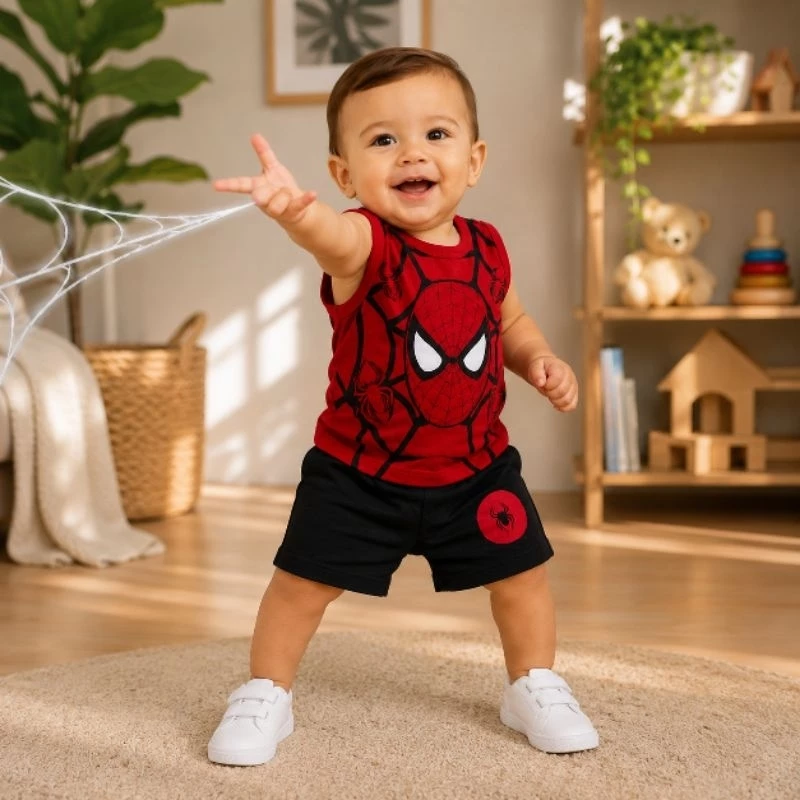 Conjunto Mêsversário Bebê Homem-Aranha Regata + Short Menino Ensaio Fotográfico Premium — imagem 1