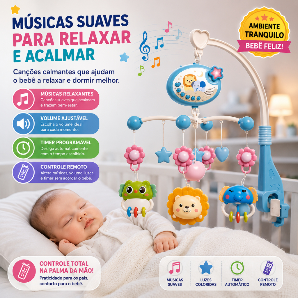Imagem Mobile Musical para Berço Bebê com Controle Remoto Projetor de Estrelas Rotação 360° Luz Noturna e Músicas Relaxantes