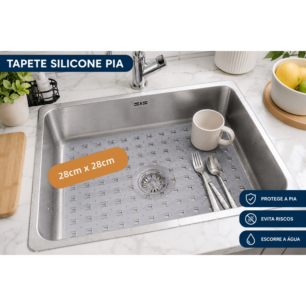 Tapete Silicone para Pia de Cozinha Quadrado Protetor de Pia Antiderrapante Escorredor de Louças Secagem Rápida