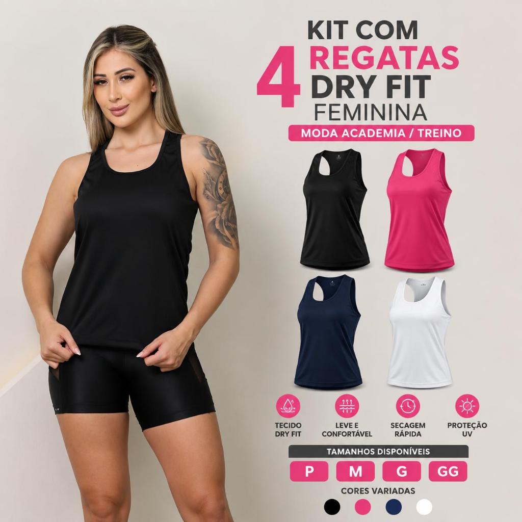 KIT 4 Regata Dry Fit Feminina Academia Costas Nadador Esportiva Confortável Lisa Treino Fitness Leve Treino Corrida