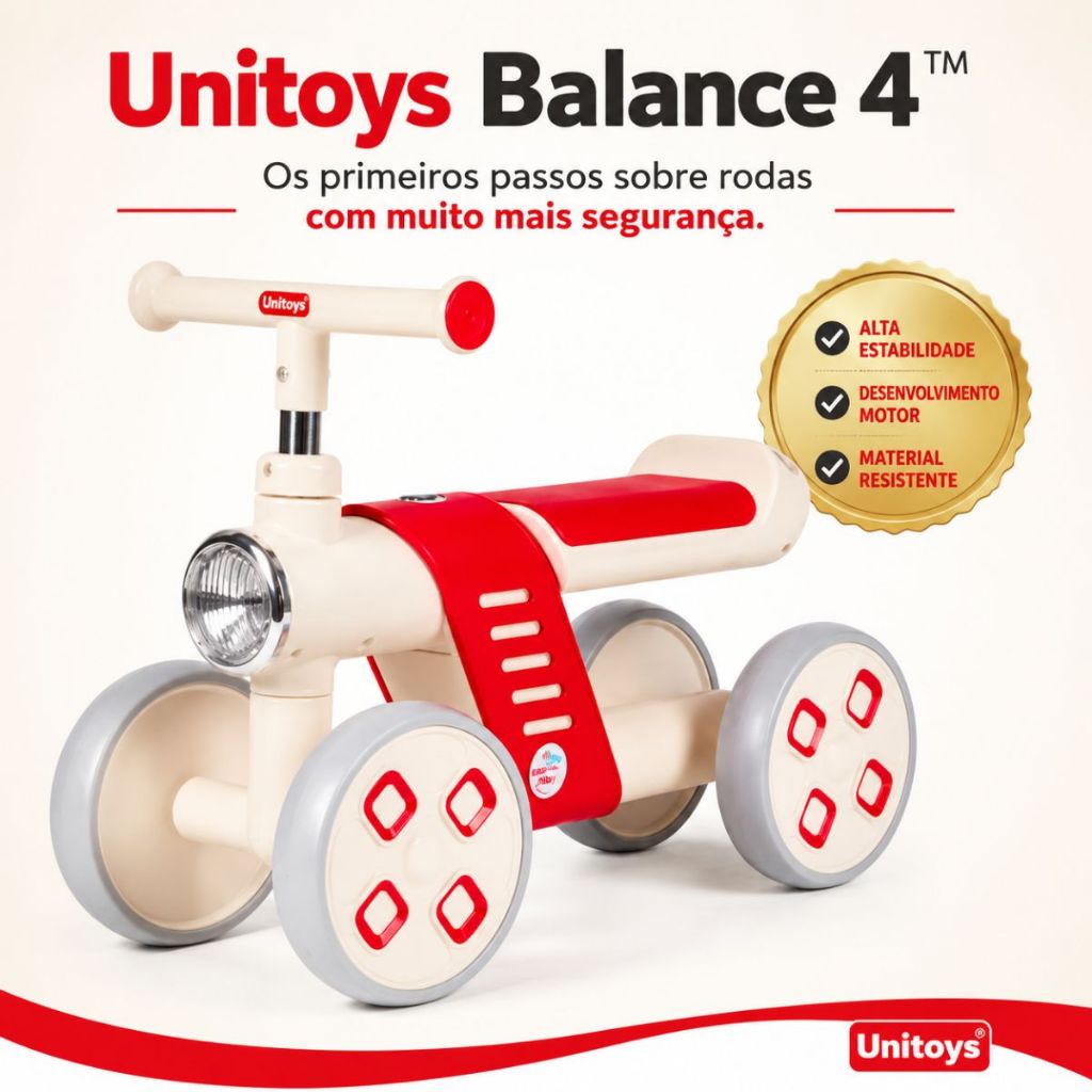 Mini Bike Infantil de Equilíbrio 4 Rodas Unitoys Vermelha Sem Pedal Bicicleta Educativa Estimula Coordenação Motora