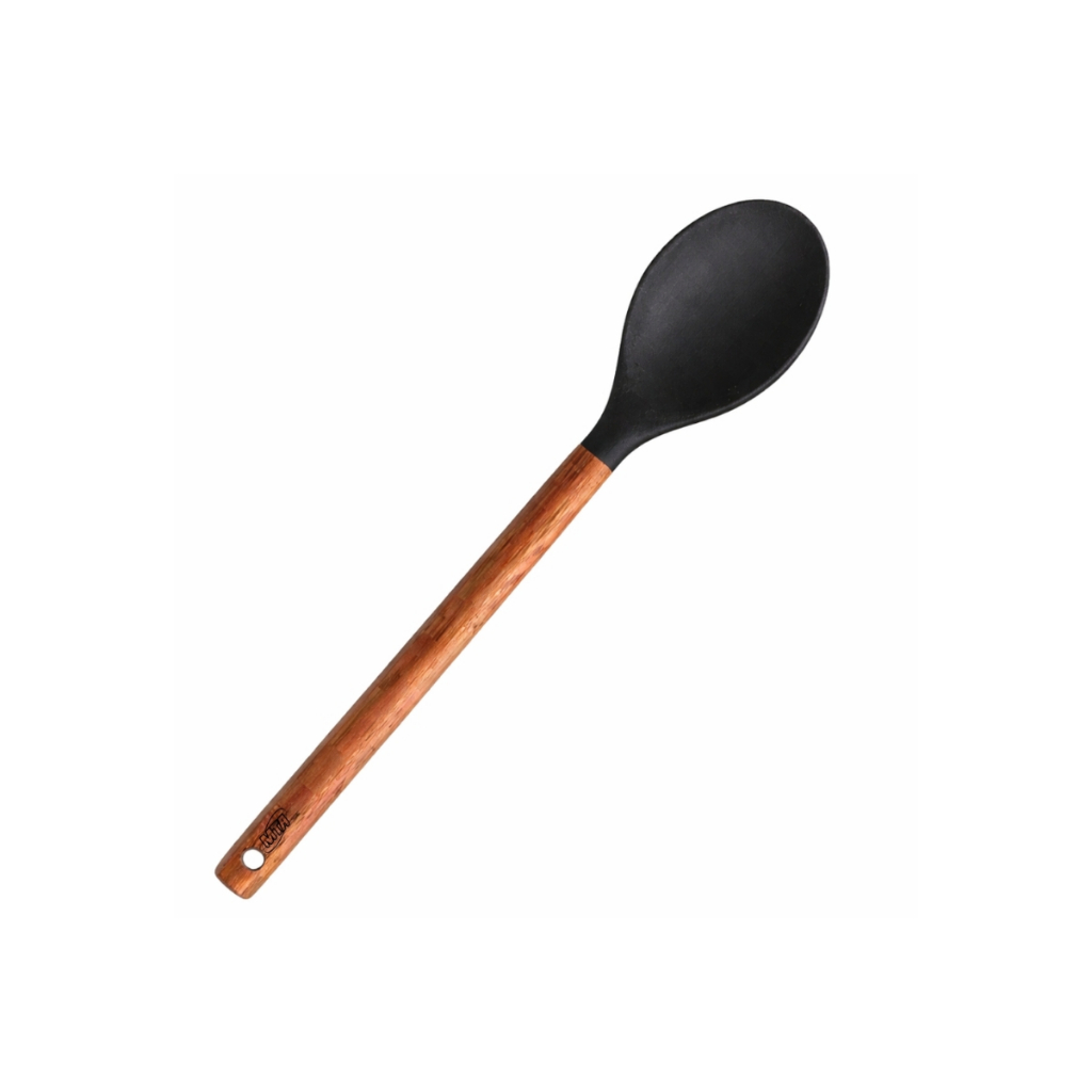 Colher de Silicone Lisa Preta Cabo de Madeira Cozinha MTA
