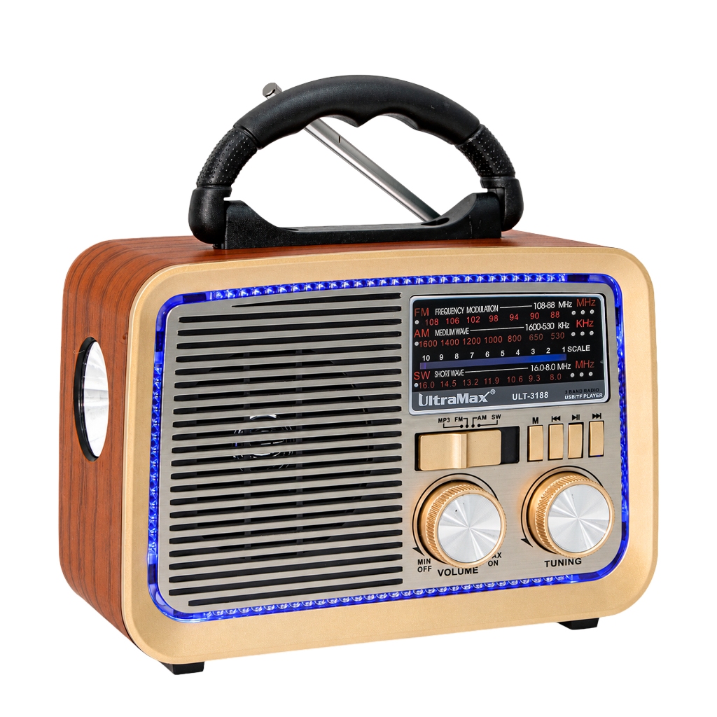 Rádio Retrô Vintage Bluetooth UltraMax FM AM SW USB TF Lanterna LED Bivolt Recarregável
