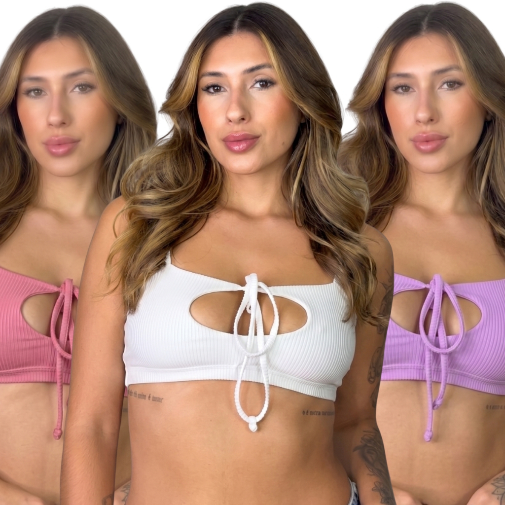 Kit 3 Tops Cropped Sem Bojo Canelado Feminino Alcinha Tiras Amarrar Confortável Verão Versátil