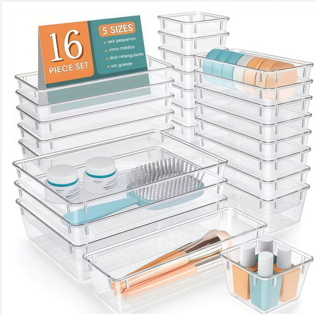 Kit 16 Organizadores Modulares para Geladeira com Gavetas de Acrílico Cristal Multiuso e Empilháveis - R3
