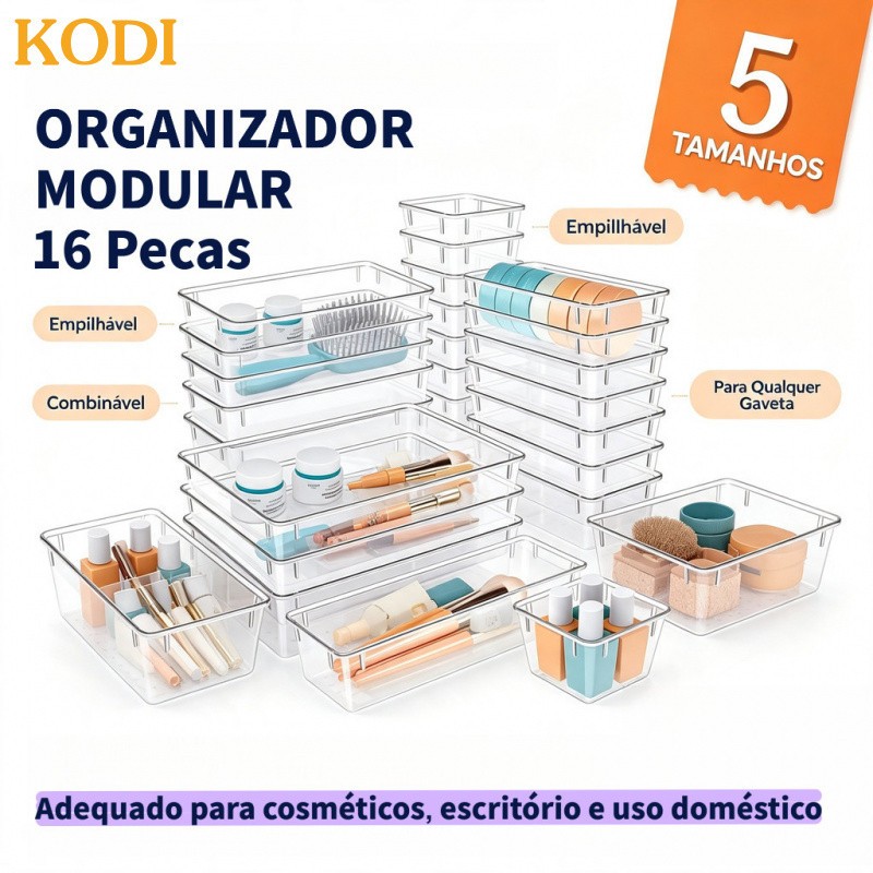 Kit 16 Organizadores Multiuso Modulares com Gavetas Empilháveis para Geladeira e Armários - R3
