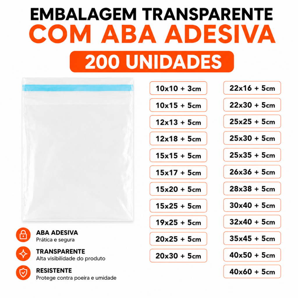 Kit 200 Sacos PP Adesivados Transparentes para Loja Brindes Produtos Documentos Ecommerce Mimos